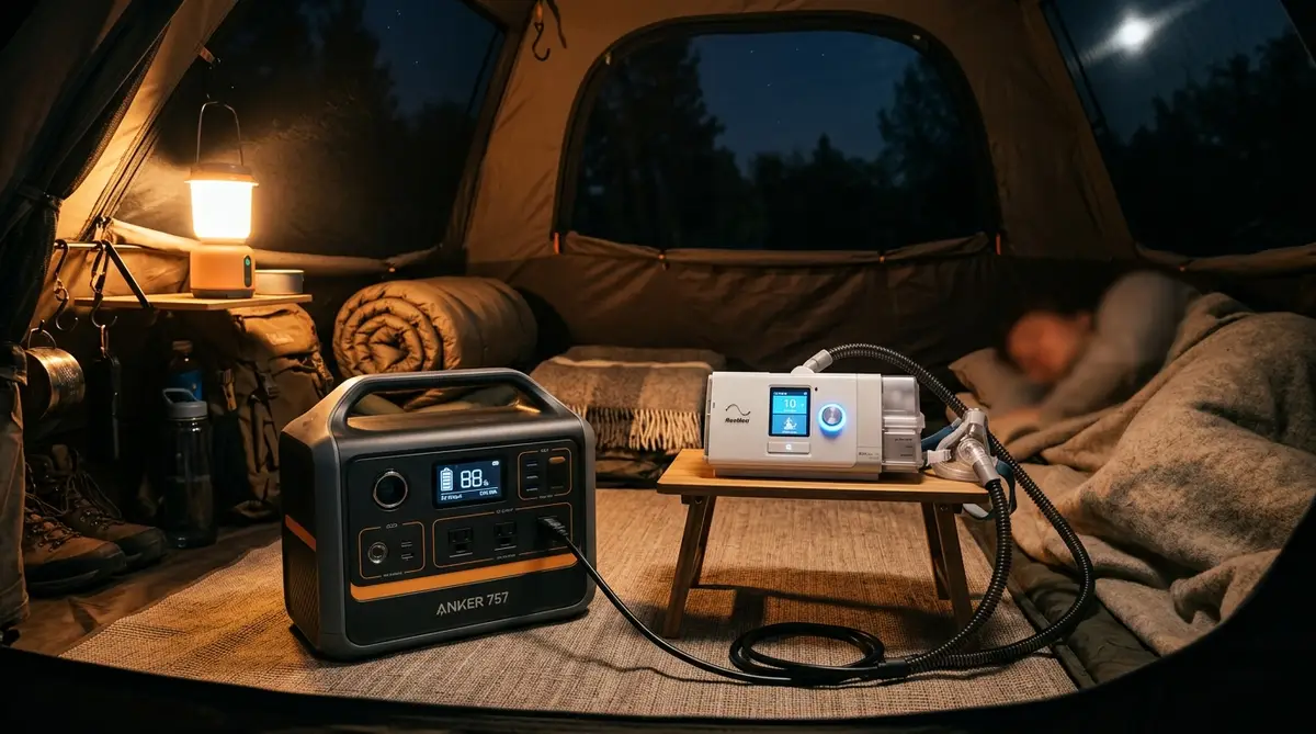 Estación de energía portátil conectada a una máquina CPAP médica dentro de una tienda de campaña de camping iluminada en la noche
