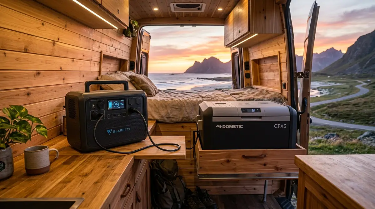 Estación de energía portátil Bluetti alimentando una nevera de compresor 12V Dometic dentro de una furgoneta camperizada con madera frente a un atardecer en la playa