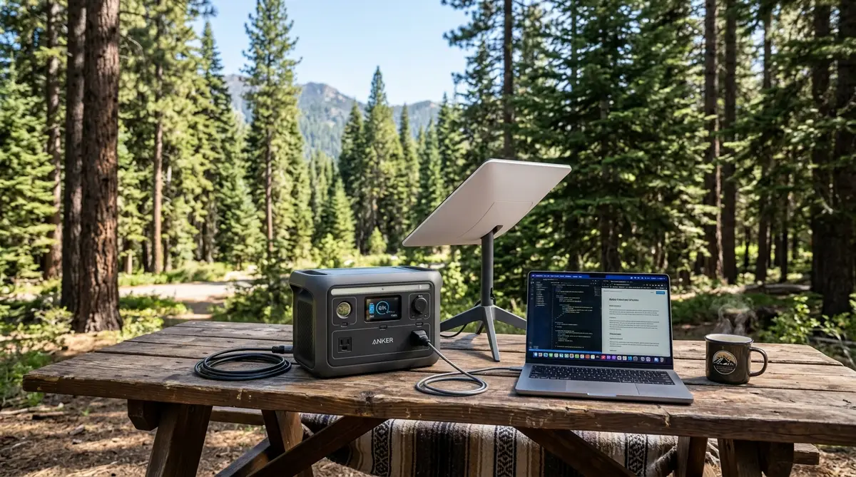 Estación de energía portátil Anker sobre una mesa de madera en un bosque, alimentando una antena satelital Starlink y una laptop MacBook Pro