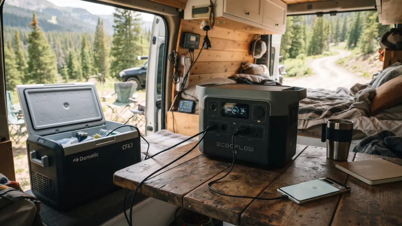 EcoFlow Delta 2 usado en un camper van cargando aparatos electrónicos