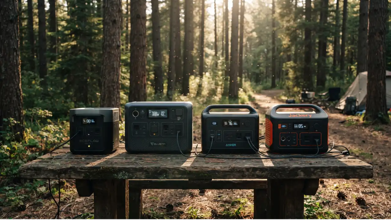 Comparativa de estaciones de energía portátiles EcoFlow, Bluetti, Anker y Jackery en un bosque